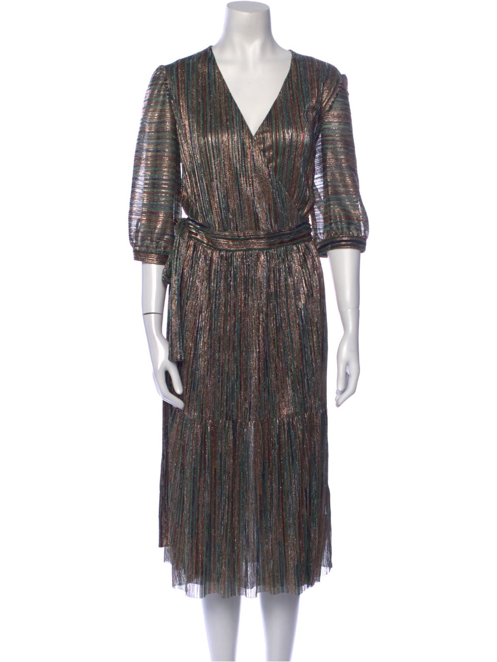 EUC ba&sh Metallic Multi-Striped Wrap Midi Dress in Bronze and Teal